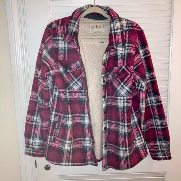 Soho Women's Plaid Fleece Sherpa Lined Jacket/Shirt, Red/White - Size Large - Picture 7 of 8